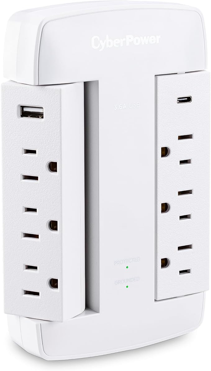 CyberPower CSP600WSURC5 Professional Surge Protector, 900J/125V, 6 Swivel Outlets, 1 USB-C Charge Port, Wall Tap Design, White, UL listed