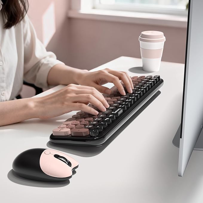 Wireless Keyboard Mouse Combo, Portable Retro Keyboard with Compact Size, 2 in 1 USB Connected Mouse for Windows PC, Laptop, Computer, Desktop, Home and Office Use