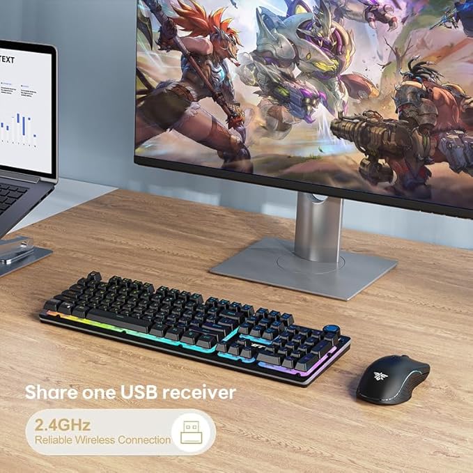 NPET S21PRO Wireless Gaming Keyboard and Mouse Combo, LED Backlit Rechargeable 3500mAh Battery, Mechanical Feel Anti-ghosting Keyboard + 7D 3200 Mice for PC Gamer（USB Receiver is Under The Mouse）