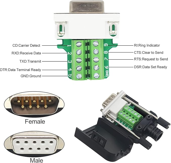 DB9 Breakout Connector, Male 9 pin RS232 connectors, Solderless D-SUB RS485 Serial Adapter Module Board with Screw Terminals, Case, Long Bolts (5PCS Female+5PCS Male White)