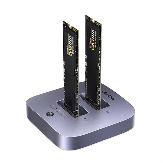 UGREEN 20Gbps Cloner, M.2 Duplicator Dual Bay NVMe Enclosure, Tool-Free USB3.2 Gen 2X2 to USB Adapter M.2 Docking Station for M Key PCIE NVMe SSD Reader Supports Offline Clone Up to 16TB