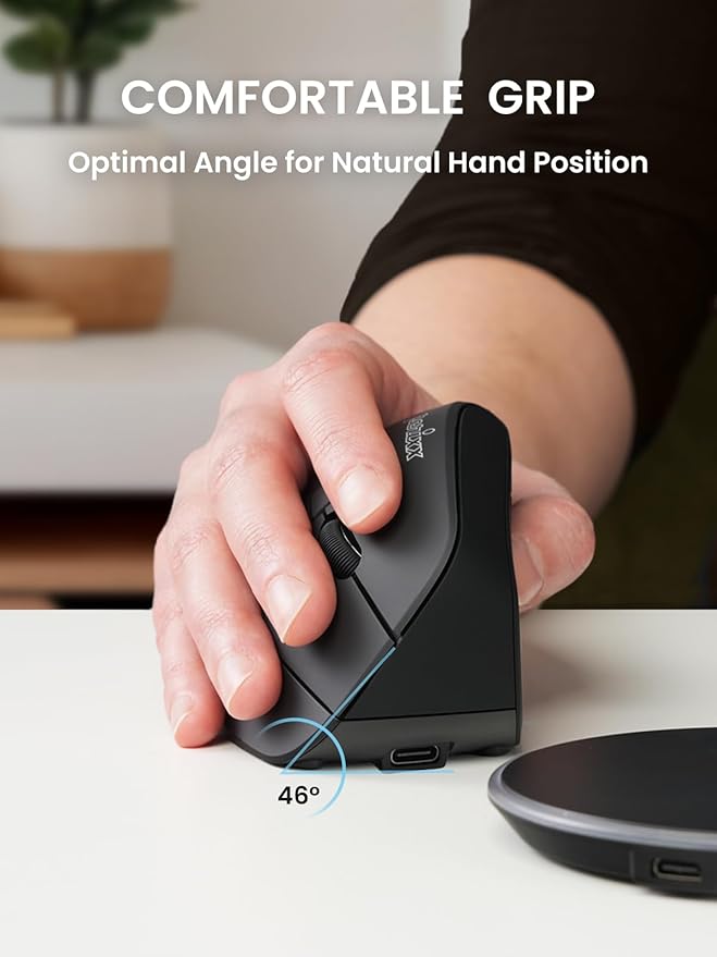 Perixx PERIMICE-715R Wireless Rechargeable Vertical Mouse - Duo Wired and Wireless Charging Feature - 6 Buttons Design - Black - Right-Handed Design