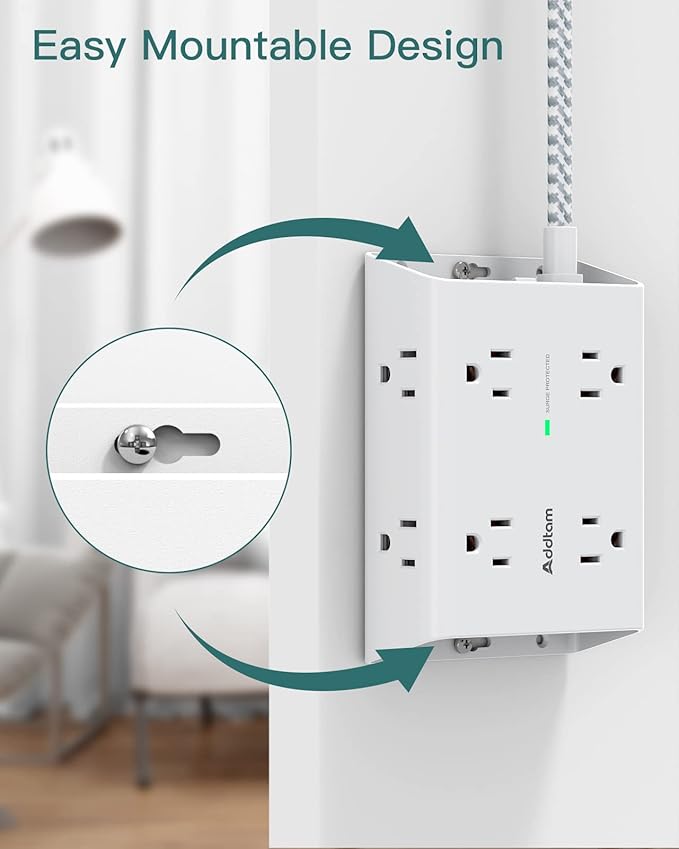 10Ft Long Surge Protector Power Strip, Addtam Extension Cord with 8 AC Outlets and 4 USB Ports(1 USB C), 3-Side Outlet Extender Strip, Flat Plug, Wall Mount, Dorm Home Office Essential, ETL Listed