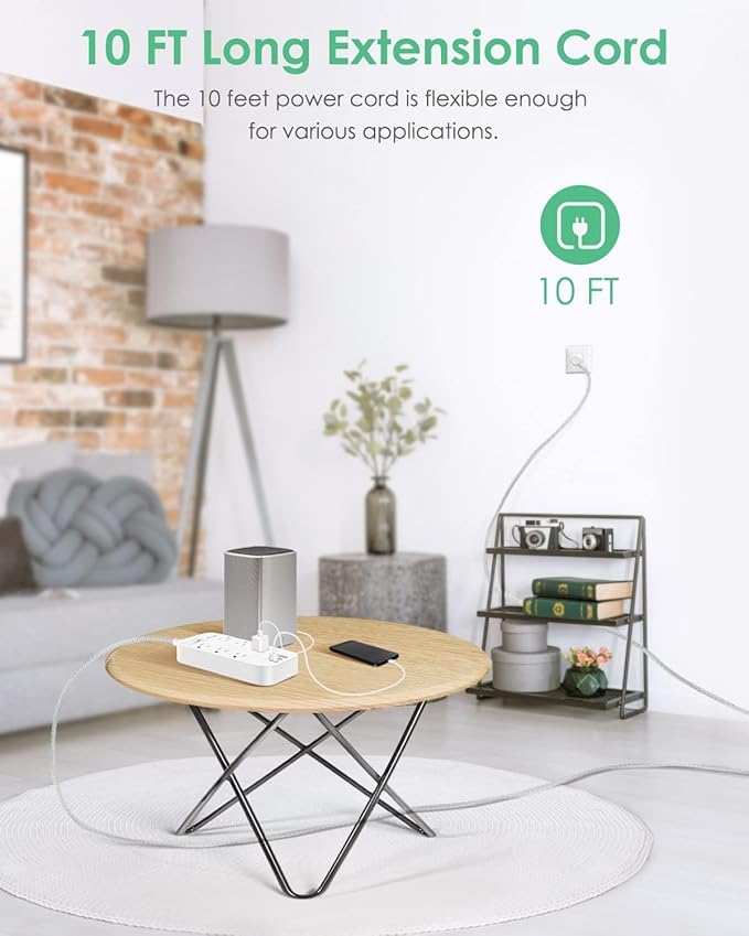 Extension Cord 10 FT, Mifaso Long Flat Plug Power Strip, 6 Outlets 3 USB A Ports Outlet Extender, Wall Mount, Desktop Charging Station for Home, Office and Dorm Essential
