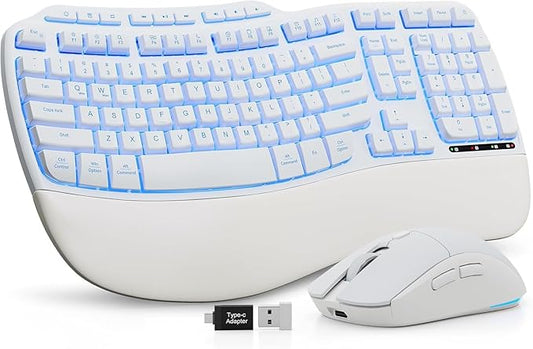 White Wireless Keyboard and Mouse Combo, Light up Ergonomic Keyboard Set, 2.4G Full Size Ergo Wave Key Board with Cushioned Plam Rest, Silent Mouse, for Computer/Laptop/Windows/Mac, Sablute