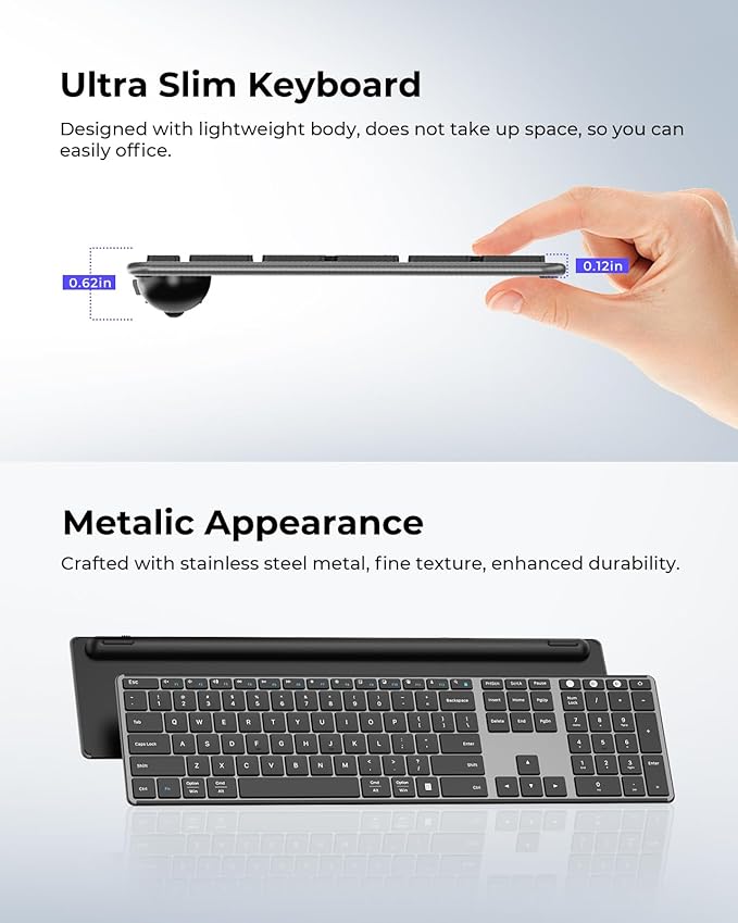 seenda Wireless Bluetooth Keyboard and Mouse Combo, SKM64-3 Rechargeable Slim Quiet Keyboard Mouse, 3 Multi-Device Connection, Compatible for Windows, Mac, MacBook, iPad, Tablet, Black Gray
