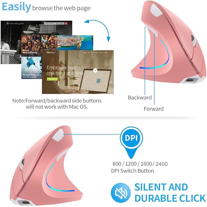 Vertical Mouse, Right Handed 2.4GHz Wireless Ergonomic Rechargeable Vertical Mouse with 4 Adjustable DPI 800/1200/1600/2400, 6 Buttons,Compatible with PC, Desktop,Mac (Pink)…