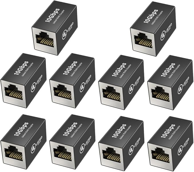 Jadaol [UL Listed] RJ45 Coupler 10Gbps Shielded, Gold-Plated Contacts, Aluminum Alloy Inline Ethernet Extender, PoE Supported Female-to-Female Adapter for Cat8/Cat7/Cat6a/Cat6 Cables, 10-Pack Black