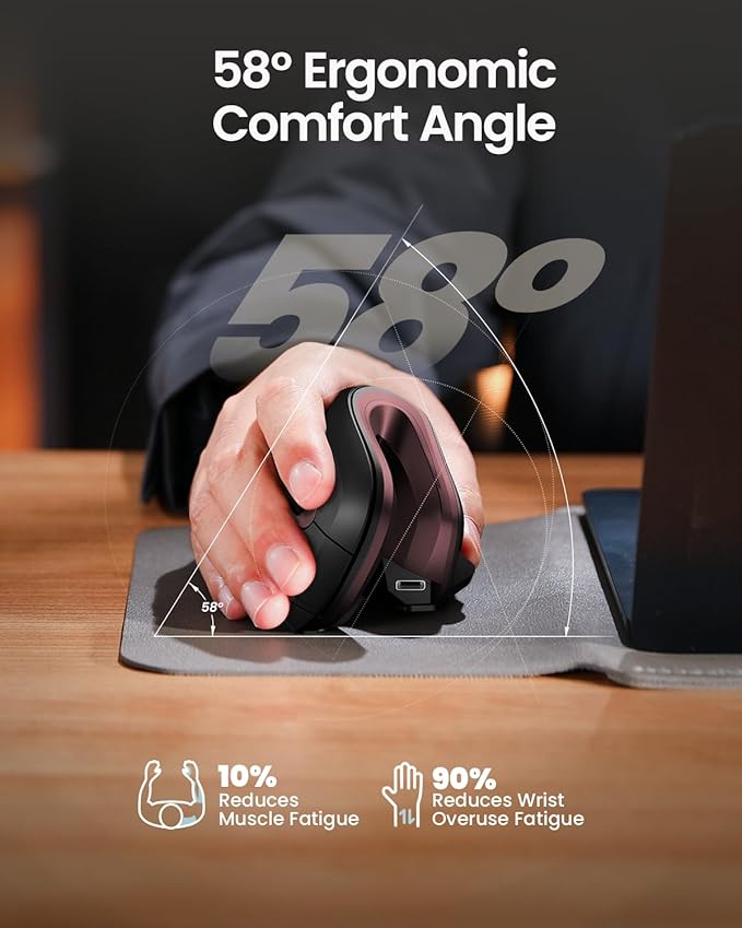 ProtoArc Ergonomic Mouse, EM11 NL Bluetooth Rechargeable Wireless Vertical Mouse, 3 Multi-Device Connectivity for Computer/PC/Laptop, 2.4GHz USB-A Optical Mice for Windows, Mac OS, Wine Red