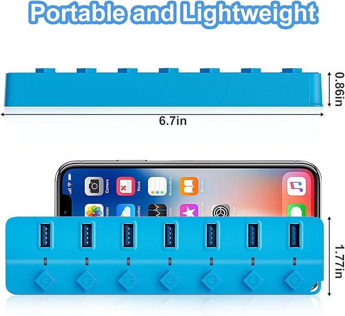 USB Hub 3.0, 7-Port USB Hub Splitter with Individual On/Off Switches and Lights, 3.2ft/1m Long Cable Compatible with MacBook, Laptop, Surface Pro, PS4, PC, Flash Drive, Mobile HDD-Blue