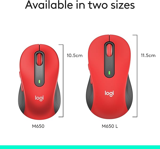 Logitech Signature M650 L Full Size Wireless Mouse - for Large Sized Hands, 2-Year Battery, Silent Clicks, Customizable Side Buttons, Bluetooth, for PC/Mac/Multi-Device/Chromebook - Classic Red