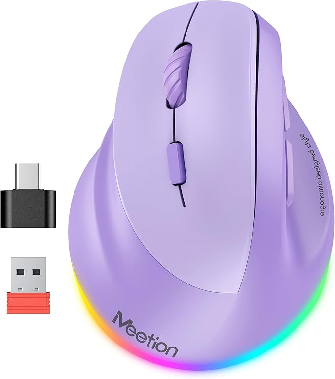 MEETION Left-Handed Mouse, Ergonomic Mouse Wireless Vertical Mouse, RGB Mice for Bluetooth(5.2 + 3.0) & USB-A with Type-C Adapter 4 Adjustable DPI for Mac/Windows/Tablet/iPad/PC Purple