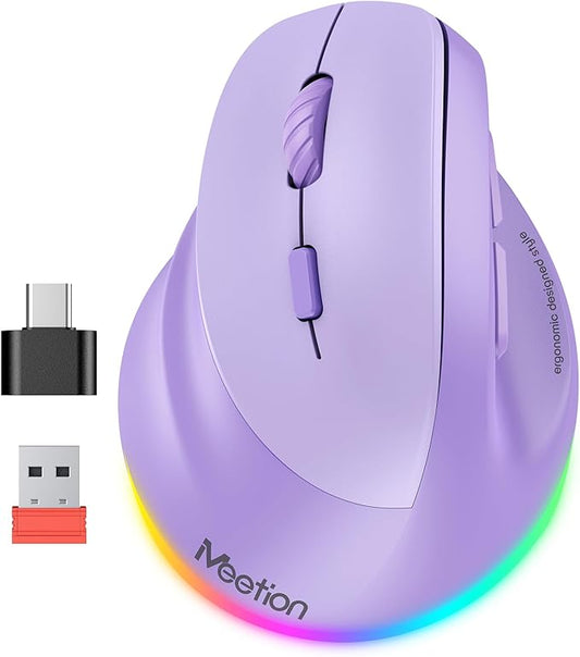 MEETION Left-Handed Mouse, Ergonomic Mouse Wireless Vertical Mouse, RGB Mice for Bluetooth(5.2 + 3.0) & USB-A with Type-C Adapter 4 Adjustable DPI for Mac/Windows/Tablet/iPad/PC Purple