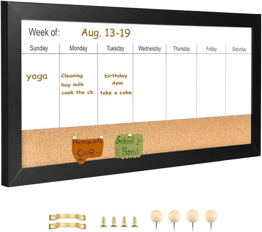 Magnetic Weekly Dry Erase White Board and Cork Board, Black Wood Frame，Magnetic Surface Whiteboard for Home Office and Wall Decor(ZHZL-3060BK)