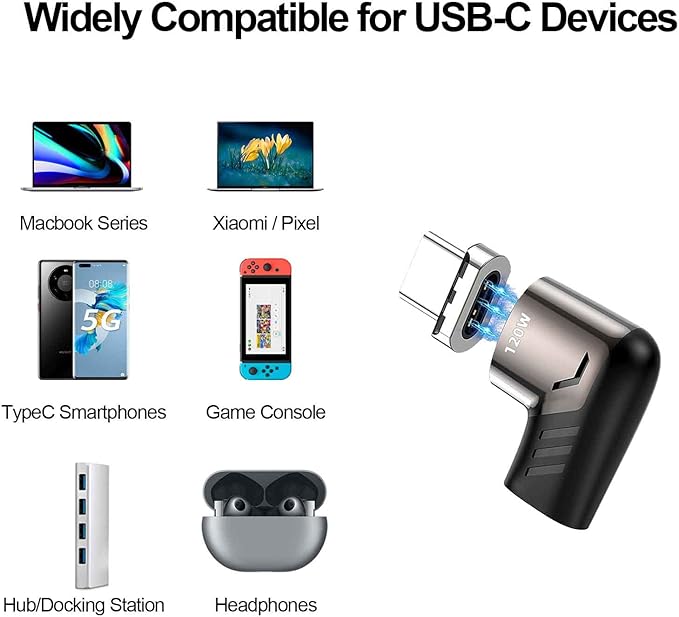 USB C Magnetic Adapter (2Packs, Black&White), USB2.0 Type C Right Angle Connector with PD 120W Charge and 480Mbps Data Transfer, Compatible for MacBook Pro/Air iPad Pro and More USB C Devices