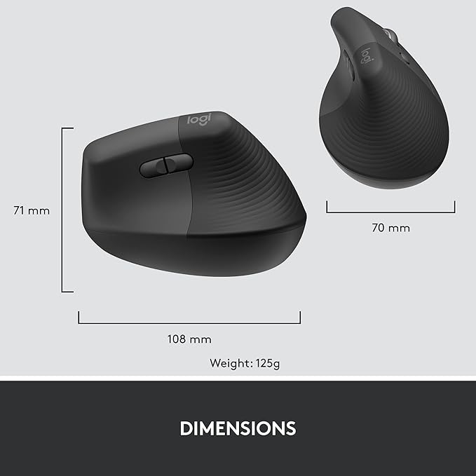 Logitech Lift for Business, Vertical Ergonomic Mouse, Wireless, Bluetooth or Secured Logi Bolt USB, Quiet clicks, Globally Certified, Windows/Mac/Chrome/Linux - Graphite