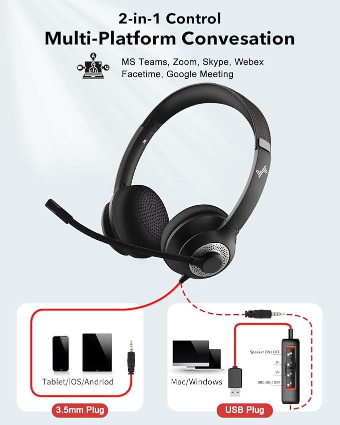 USB Headset with Microphone for PC, On-Ear Computer Laptop Headphones with Noise Cancelling Microphone in-line Control for Home Office Online Class Skype Zoom (USB+3.5mm, Black)
