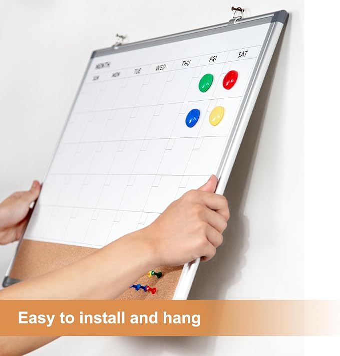 Comix Dry Erase Calendar Whiteboard Corkboard Combo, 24 * 18 inch Monthly Calendar and Bulletin Board Combination for wall, Aluminum Frame Planner with Dry Erase Markers, Magnets, Push Pins