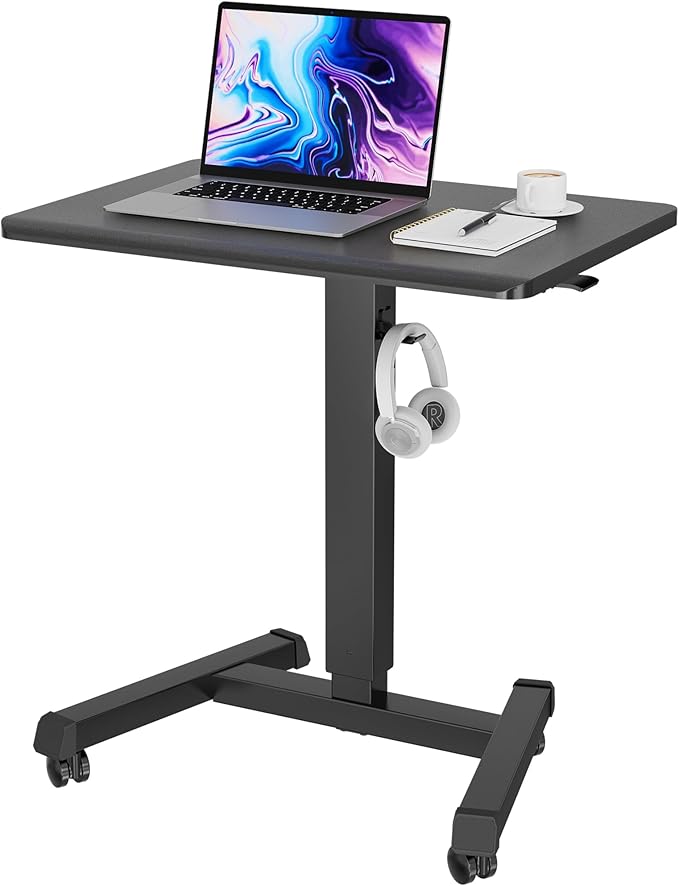 BONTEC Mobile Standing Desk Adjustable Height, Rolling Laptop Cart with Hook, Portable Workstation with Pneumatic Lift, Ergonomic Table with Wheels, Compact Home Office Desk, Black 25.6" x 17.7"