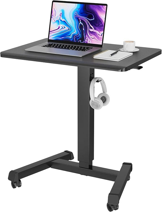 BONTEC Mobile Standing Desk Adjustable Height, Rolling Laptop Cart with Hook, Portable Workstation with Pneumatic Lift, Ergonomic Table with Wheels, Compact Home Office Desk, Black 25.6" x 17.7"