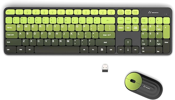 Wireless Keyboard and Mouse Combo - 2.4G Wireless, Rechargeable, Low-Noise, Cute Colorful, Full-Sized, 3 DPI Adjustable Mouse, for Computer, Laptop, PC, Desktop(Black Green)