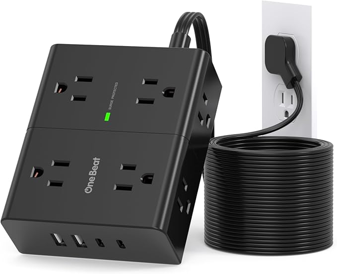 6Ft Extension Cord with Multiple Outlets, Flat Plug Surge Protector Power Strip 6 Ft Long Cord, 8 Outlets & 4 USB Ports (2 USB C), Desk Charging Station for Home Office, College Dorm Room Essentials
