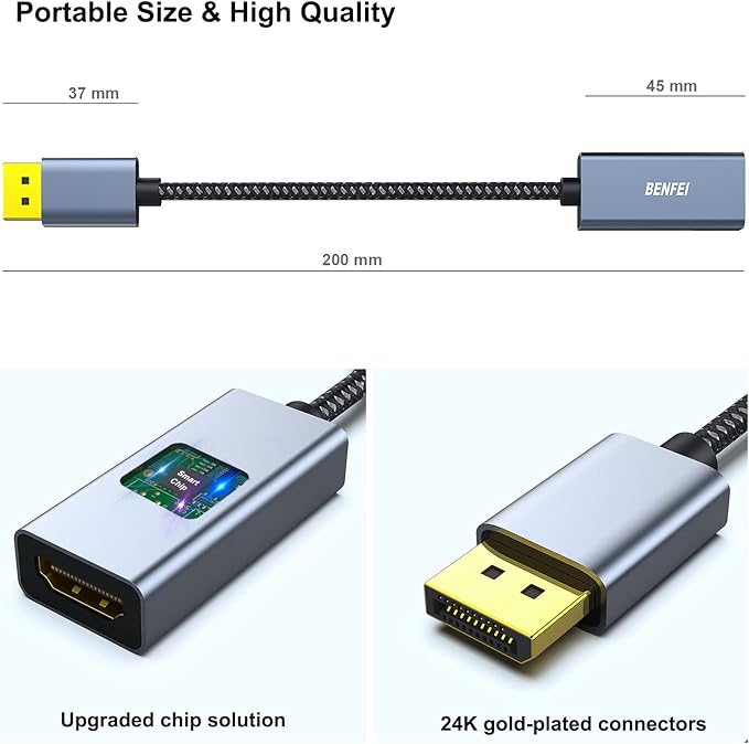 BENFEI 2 Pack 4K DisplayPort to HDMI Adapter Cable, (2K 60Hz, 1080p 120Hz) Uni-Directional Display Port to HDMI Monitor Converter Compatible for HP, Dell, GPU, AMD, NVIDIA, More. Male to Female