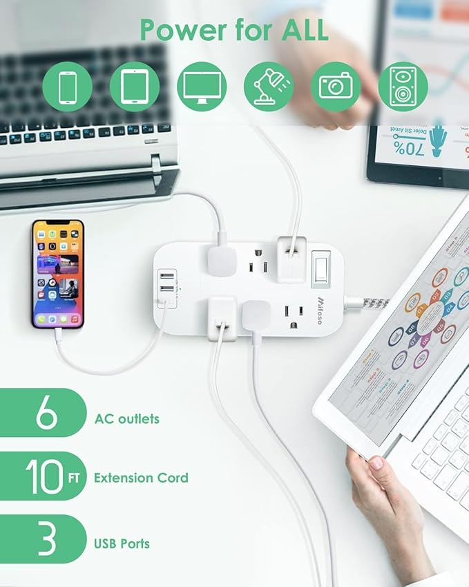 Extension Cord 10 FT, Mifaso Long Flat Plug Power Strip, 6 Outlets 3 USB A Ports Outlet Extender, Wall Mount, Desktop Charging Station for Home, Office and Dorm Essential