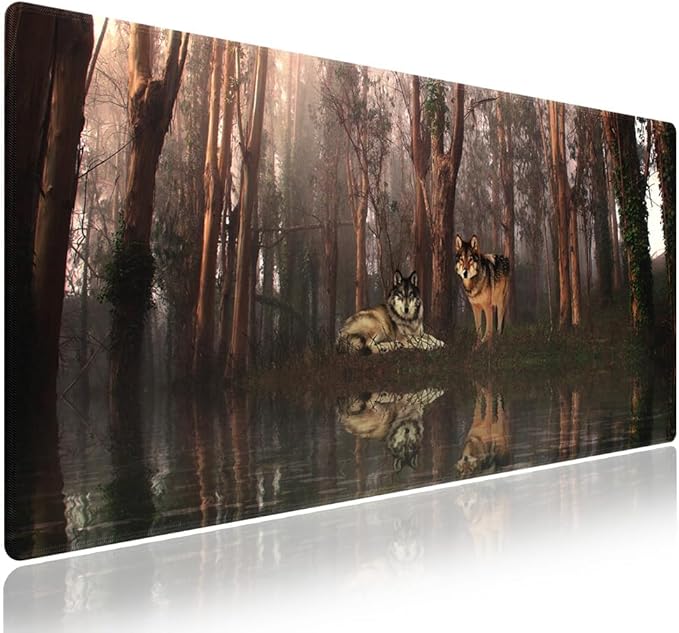 Wknoon. Extra Large Gaming Mouse Pad (31.5" x 11.8") with Durable Stitched Edges – Serene Forest Refuge A Pair of Wolves, Anti-Slip Rubber Base & Smooth Fabric Surface Extended XXL Desk Mat