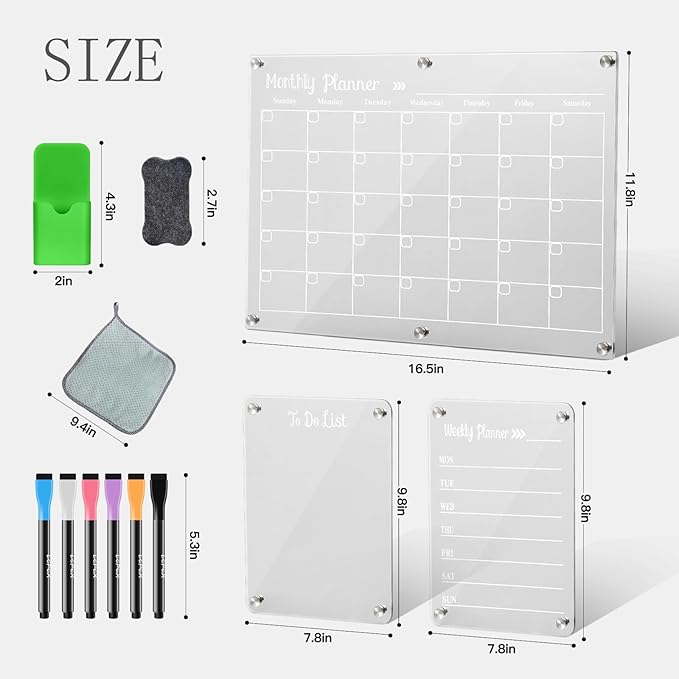 Acrylic Magnetic Dry Erase Board for Fridge, Set of 3 Transparent Monthly & Weekly Planning Boards, Includes 6 Dry Erase Markers, 1 Eraser and Magnetic Pen Holder