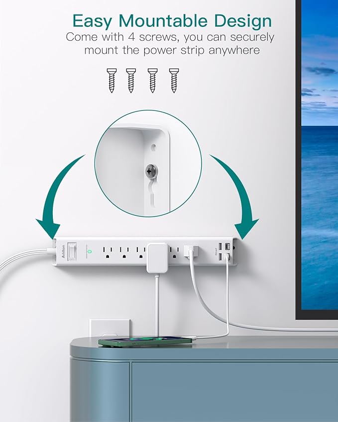 10Ft Extension Cord with Multiple Outlets, Addtam Flat Plug Power Strip Surge Protector with Long Cord,6 Outlet 4 USB Ports (2USB C),Multi Plug Outlets for Office,College,Dorm Essentials, ETL Listed