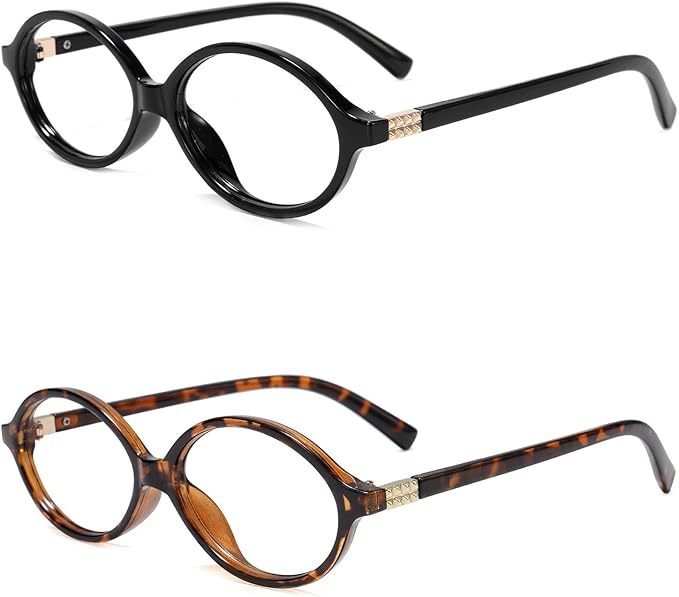 Slocyclub 2 pack Fashion Oval Glasses for Women Men Vintage Oval Small Frame Eyeglasses Retro Blue Light Blocking Glasses, Black and Whiskey Tortoise
