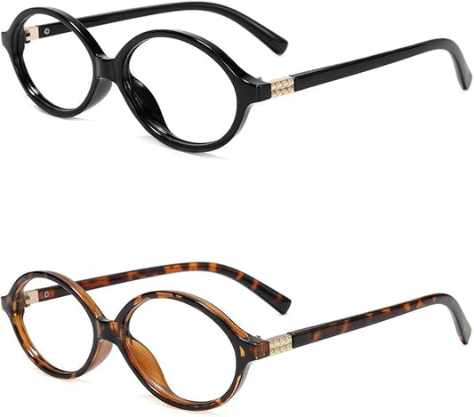 Slocyclub 2 pack Fashion Oval Glasses for Women Men Vintage Oval Small Frame Eyeglasses Retro Blue Light Blocking Glasses, Black and Whiskey Tortoise