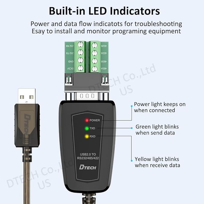 DTECH USB to Serial Adapter RS485 RS422 R232 (3 in 1 Interface) Supports DC 5V with Breakout Board LED Lights for Multi-Kind Control Devices Windows 11 10 8 7 XP Mac (5ft)