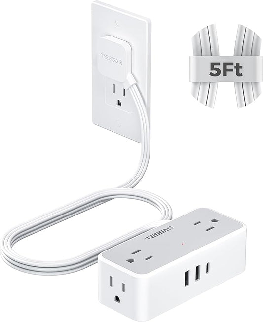 TESSAN Flat Plug Extension Cord 5 FT, Surge Protector Power Strip with 4 AC Outlets 1 USB C and 2 USB A Ports, 900 Joules Protection, 1250W, Multiple Wall Outlet Extender Suitable for Home Office Dorm