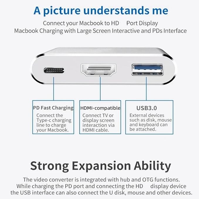 USB-C to HDMI Adapter (Supports 4K / 30Hz) - Type- C 3 in 1 Converter Cable for 2017/2018 MacBook Pro, MacBook, Mac Pro, iMac, Chromebook, & More USB 3.0 Type-C Devices