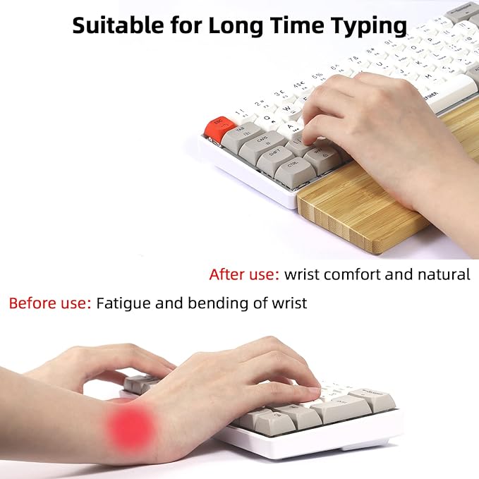 ATTACK SHARK Bamboo Wrist Rest for Computer Keyboard，Ergonomic Hard Palm Rest for Comfortable Typing Pain Relief，Anti-Slip Wrist Support for Office, Gaming, Laptop (98 Key)