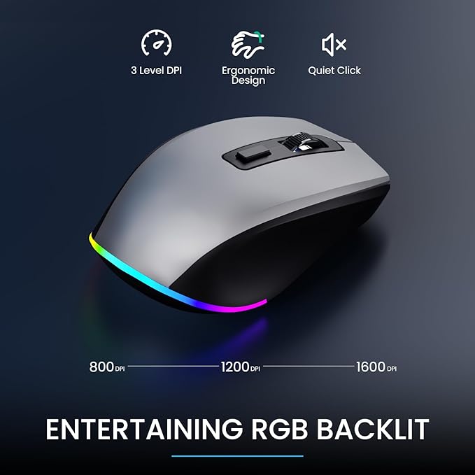 Silver Wireless Keyboard and Mouse Combo - Dual System RGB Backlit Mouse and Keyboard Advanced Optical Tracking, Lag-Free Wireless,Ergonomic Keyboard, 90% Less Noise Silver-V1
