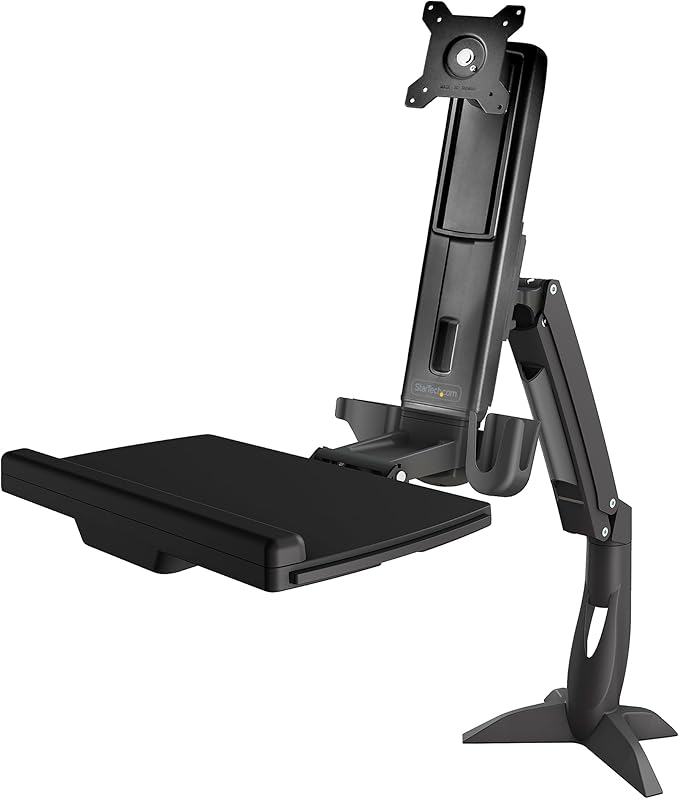 StarTech.com Sit Stand Monitor Arm - Desk Mount Adjustable Sit-Stand Workstation Arm for Single 27" VESA Mount Display - Ergonomic Articulating Standing Desk Converter with Keyboard Tray, TAA
