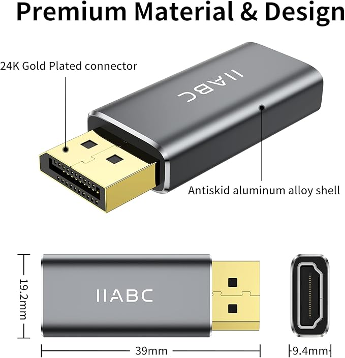 Displayport to HDMI Adapter 4K 24K Gold Plated Displayport DP to HDMI Female Converter，Uni-Directional Display Port to HDMI Converter Compatible for Lenovo, HP, Dell &More- Grey