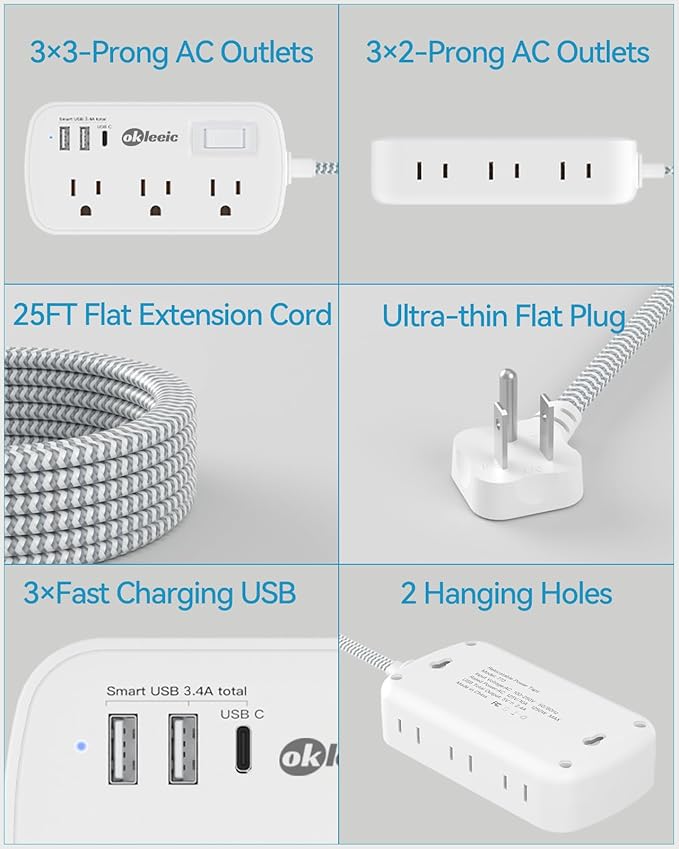 Extension Cord 25 FT Multiple Outlets Surge Protector Power Strip 6AC Outlets 3USB(5V/3.4A 17W), Flat Plug Long Braided Extension Cord, Wall Mountable for Home College Dorm 13A 1625W White