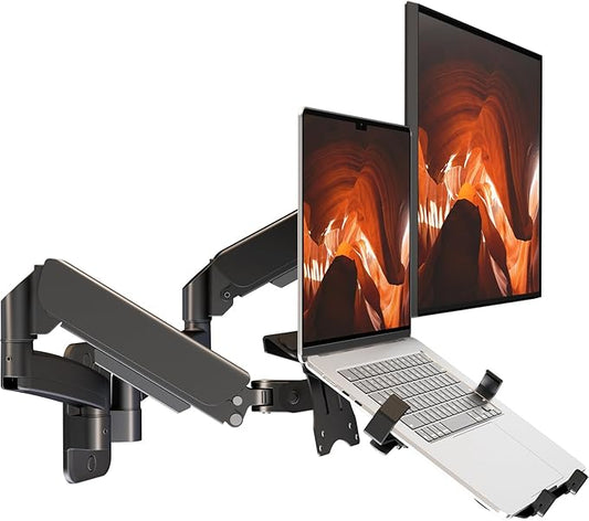 PUTORSEN Monitor and Laptop Wall-Mount - Full Motion 2-in-1 Monitor Arm Fits Max 32" Screen and 18" Laptop, Holds up to19.8lbs, Detachable Laptop Tray with Adjustable Slide Clamp, VESA 75x75/100x100