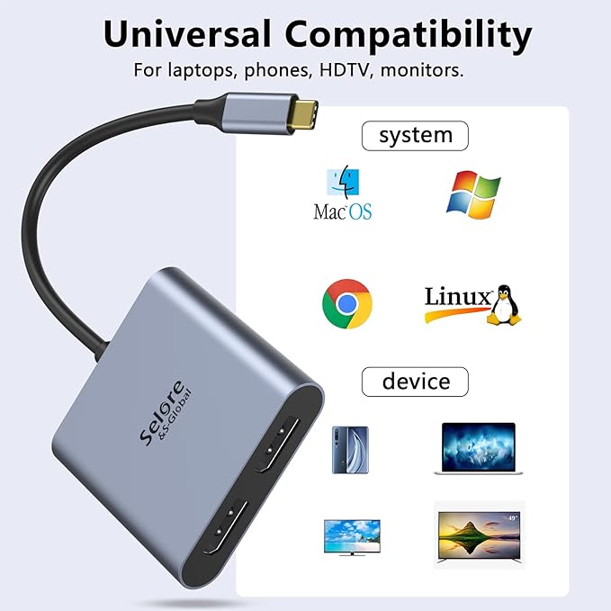 USB-C to Dual 4K DisplayPort Splitter Adapter, USB-C to DisplayPort Dual Monitor Converter 4K 60Hz, USB-C DisplayPort Hub Compatible for Dell XPS 13/15, Lenovo Yoga, Samsung Chromebook, HP and More