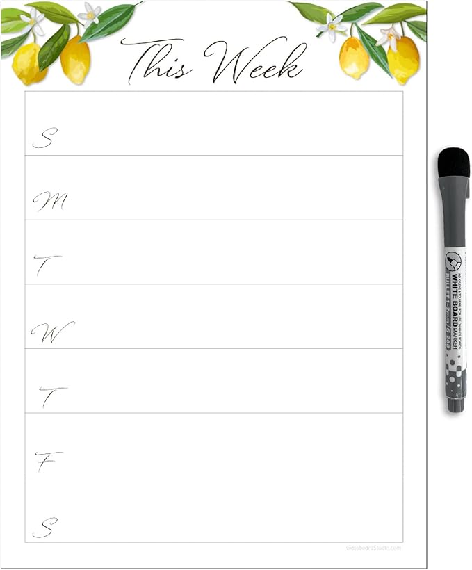 Dry Erase Weekly Calendar Planner Sticker Decal | Removable & Reusable | Magnetic Fine-Tip Marker Included (9 x 12 inches, Lemon Fresh)