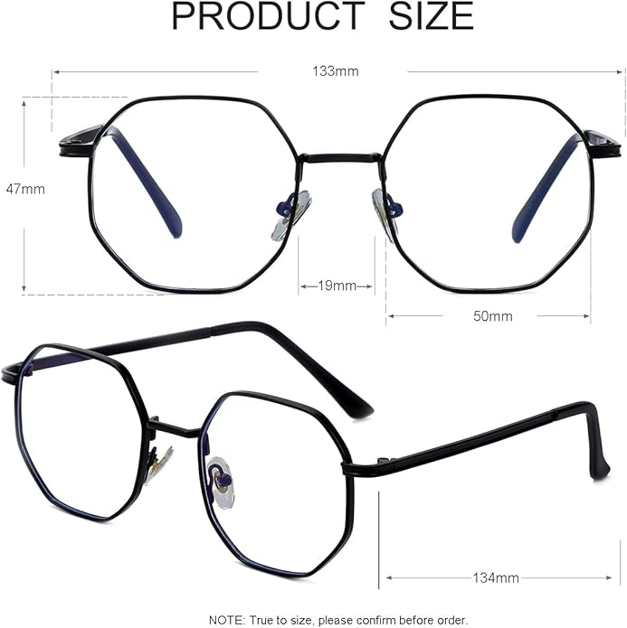 JOVAKIT Polygon Blue Light Blocking Glasses for Women Men Vintage Octagon Square Non-prescription Metal Eyeglasses