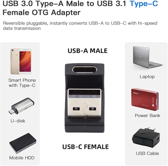 CY USB-C Type C Female Up Opposite U Shape Back Angled to USB 3.0 A Male Data Adapter for Laptop Desktop