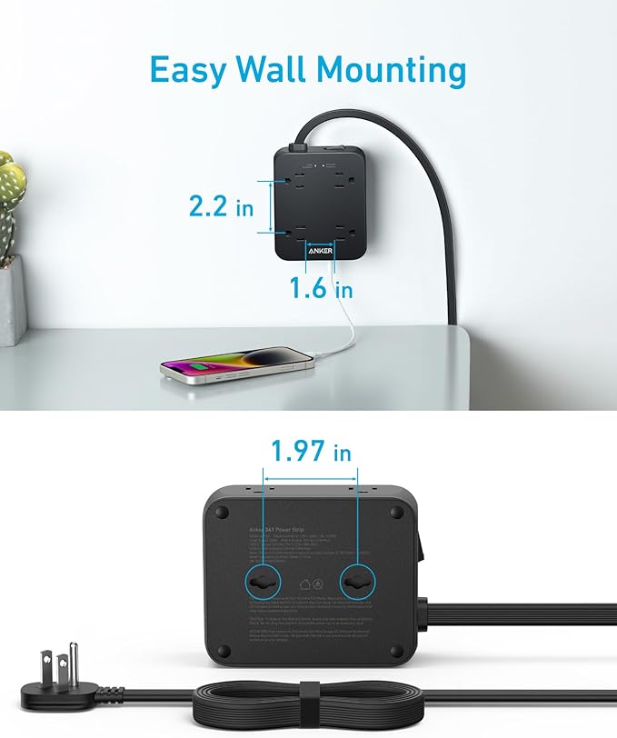 Anker Power Strip with 2000J Surge Protector, Flat Plug Extension Cord with Multiple Outlets, 8 AC, 2 USB A & 1 USB C Port for 20W, 5ft Outlet Extender, Dorm Room Essentials, Home Office, TUV Listed