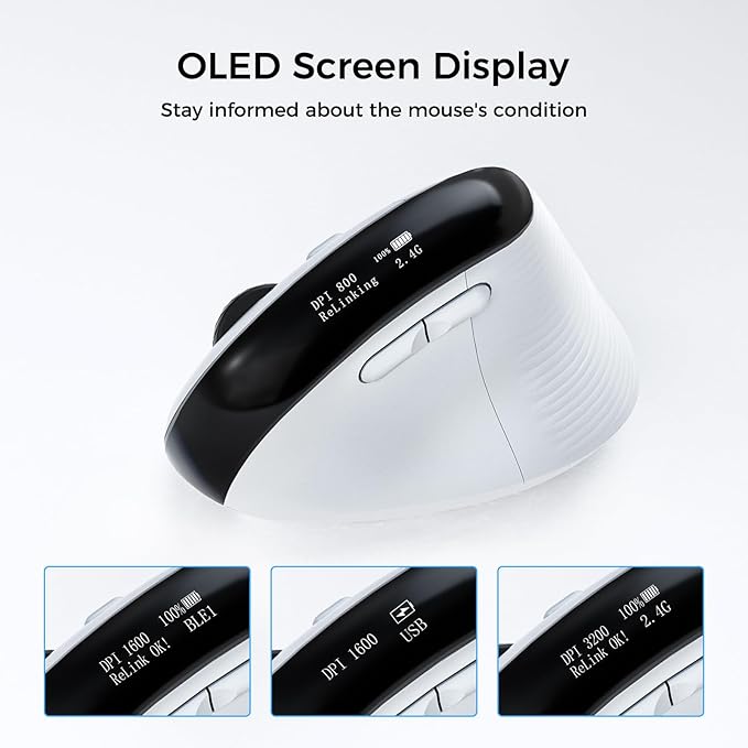 Wireless Ergonomic Mouse with Screen，Bluetooth Vertical Mouse Rechargeable, Quiet Clicks, USB Ergo Design Cordless Mice Compatible for Windows, PC, Laptop, Mac OS, White