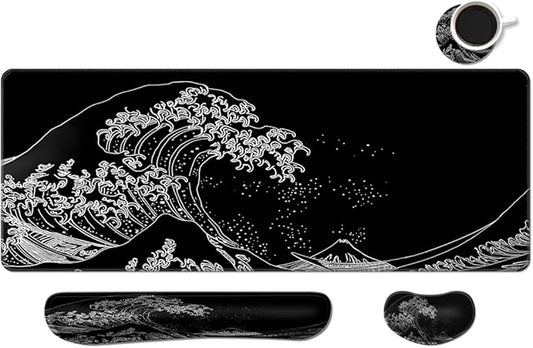 MIBITRI Keyboard Mouse Pad Set, Extended Gaming Mouse Pad+Ergonomics Keyboard Wrist Rest Support, Memory Foam, Easy Typing Pain Relief, 4Pcs XXL Ultra Thick Desk Mat, Japanese Wave