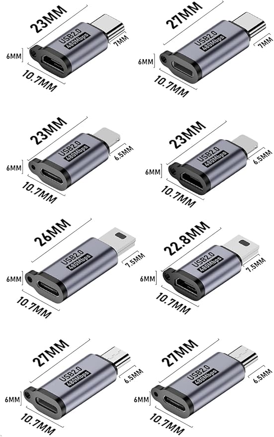 USB C to Micro USB/Mini USB/Lighting Adapter, Light-ning to USB C/Micro USB Converter, Micro USB 2.0 to Type C/Lighting/Mini USB Connector (8 Pack)